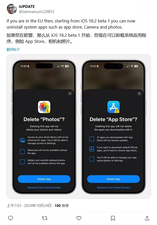 阳江苹果手机维修分享iOS 18.2 支持删除 App Store 应用商店 